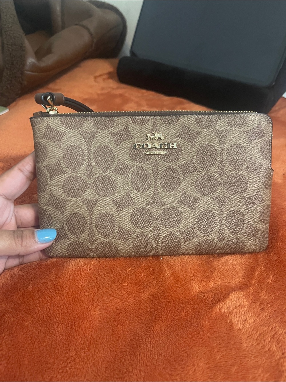 Coach Brown Signature Zip Wristlet with Gold Logo